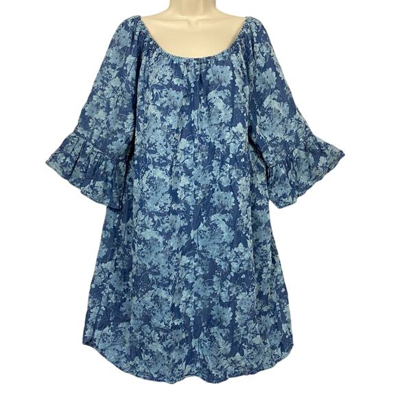 Ruby Rd Chambray Denim Dress Womens XL Blue Floral Bell Sleeve Peasant Milkmaid - Picture 1 of 11